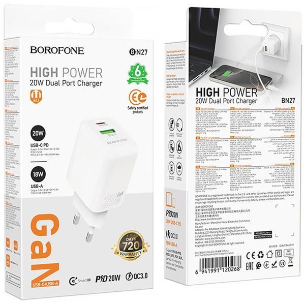 МЗП Borofone BN27 Fuente PD20W+QC3.0 (1USB-A/1C) 79269 фото