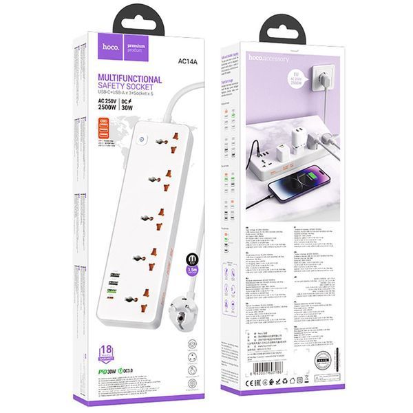 Подовжувач Hoco AC14A Rico PD30W (3USB-A/1C/5xSocket) (1.5m) 77129 фото