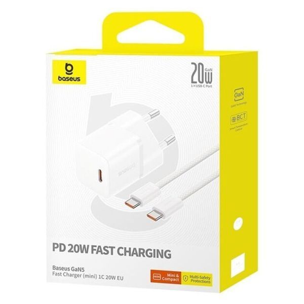 МЗП Baseus GaN5 Fast Charger (mini) PD20W (1USB-C) + кабель Type-C to Type-C (P10110900113) 74727 фото