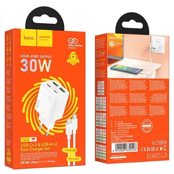 МЗП Hoco N56 Fundador PD30W four-port (2USB-A/2C) + кабель Type-C to Type-C 73946 фото