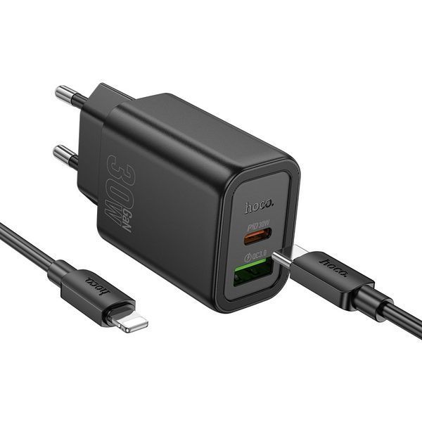 МЗП Hoco N63 Gentle PD30W+QC3.0 (1USB-A/1C) + кабель Type-C to Lightning 77137 фото