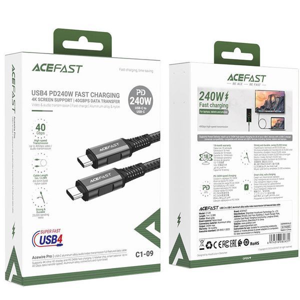 Дата кабель Acefast C1-09 USB-C to USB-C PD240W 40Gbps USB 4 aluminum alloy (1m) 66773 фото