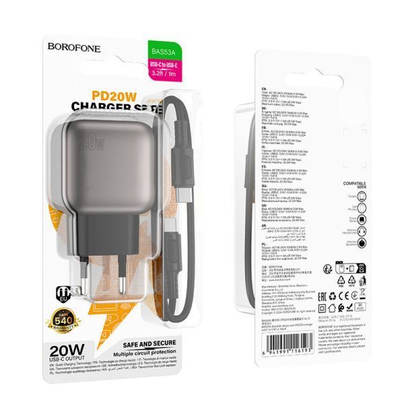 МЗП Borofone BAS53A Absolute PD20W (1USB-C) + кабель Type-C to Lightning 75037 фото