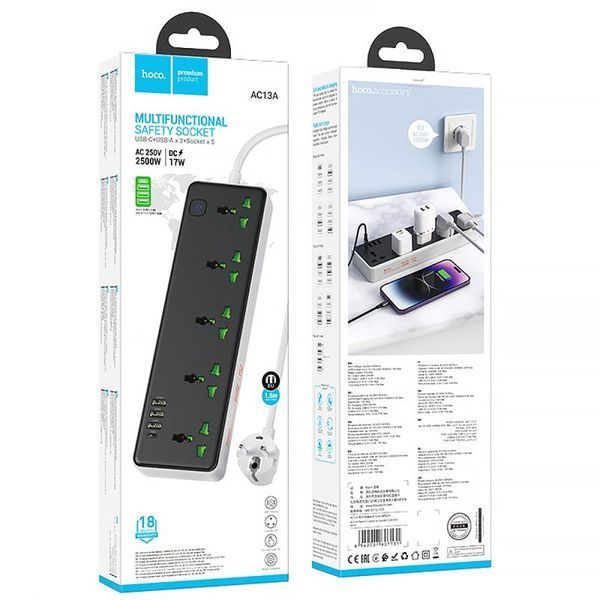 Подовжувач Hoco AC13A Safety Socket (3USB-A/1C/5xSocket) (1.5m) 82452 фото