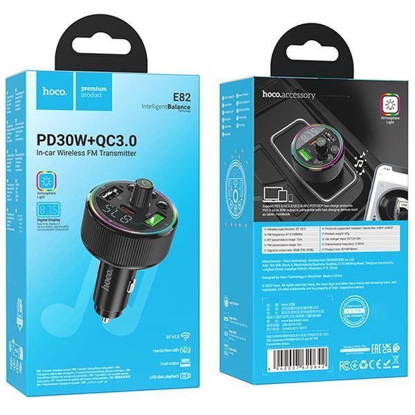 АЗП FM модулятор Hoco E82 Guerrero PD30W+QC3.0 (2USB-A/1C) 71137 фото