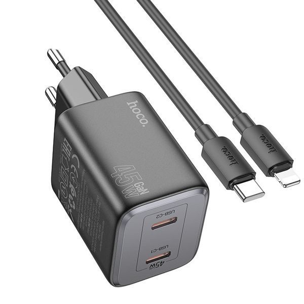 МЗП Hoco N42 Elogiado PD45W (2USB-C) + кабель Type-C to Lightning 69115 фото
