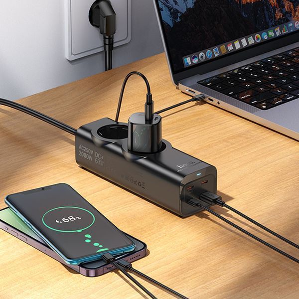Подовжувач Hoco NS10 Wisdom 2-position PD67W (1USB-A/3C/2Socket) (2m) 77076 фото