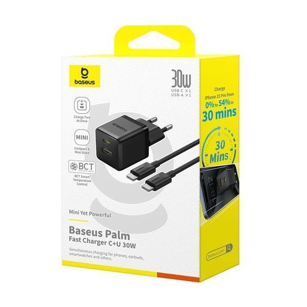 МЗП Baseus Palm Fast Charger 30W (1USB-A/1C) + кабель Type-C to Type-C (P1011160A) 78029 фото