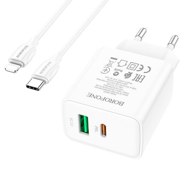 МЗП Borofone BA67A PD20W+QC3.0 (1USB-A/1C) + кабель Type-C to Lightning 56905 фото