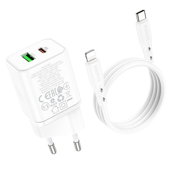 МЗП Borofone BN7 PD20W+QC3.0 (1USB-A/1C) + кабель Type-C to Lightning 73992 фото